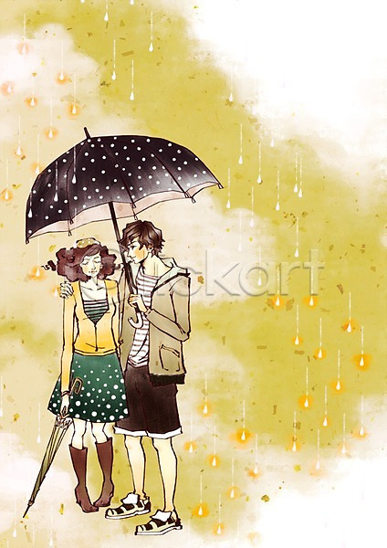 다정 사랑 함께함 남자 두명 사람 여자 PSD 일러스트 데이트 미소(표정) 비(날씨) 서기 우산 웃음 전신 커플 하트