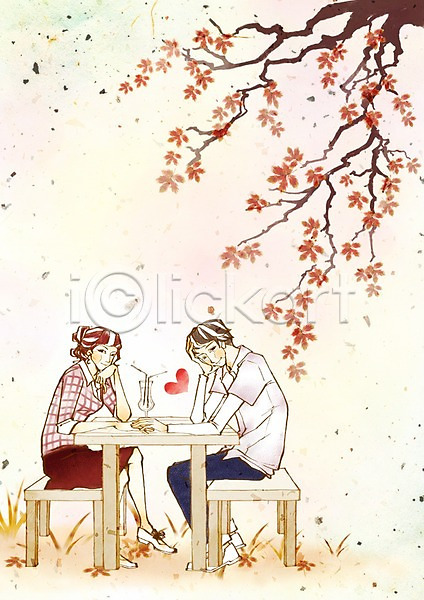 다정 사랑 티타임 함께함 남자 두명 사람 여자 PSD 일러스트 꽃나무 나무 나뭇가지 데이트 미소(표정) 벤치 손잡기 앉기 웃음 음료 의자 전신 주스 커플 하트