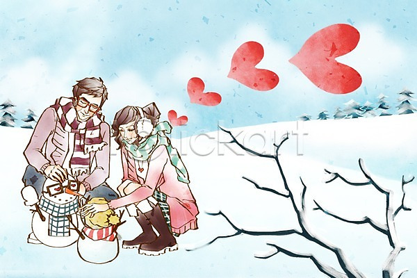 다정 사랑 함께함 남자 두명 사람 여자 PSD 일러스트 겨울 나무 나뭇가지 눈(날씨) 눈사람 눈사람만들기 데이트 앉기 전신 커플 하트