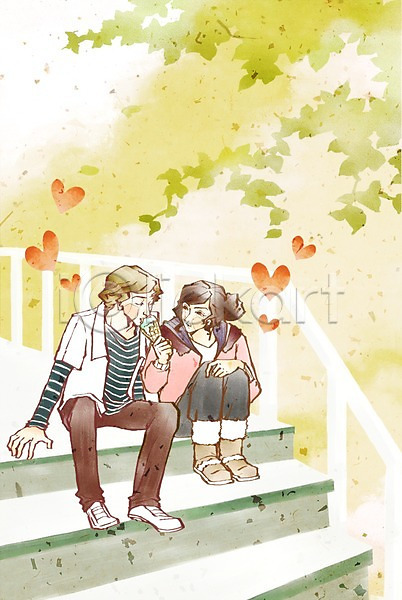 다정 사랑 함께함 남자 두명 사람 여자 PSD 일러스트 계단 나무 나뭇가지 나뭇잎 데이트 미소(표정) 아이스크림 앉기 웃음 전신 커플 하트