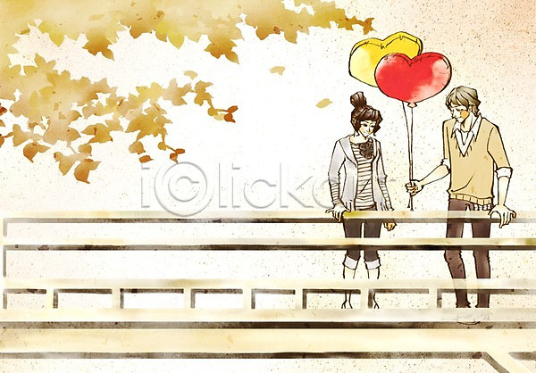 다정 사랑 함께함 남자 두명 사람 여자 PSD 일러스트 나뭇가지 나뭇잎 다리(건축물) 데이트 서기 전신 커플 풍선 하트