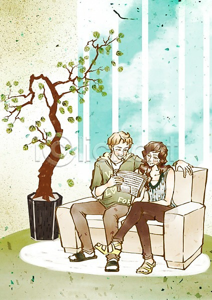 다정 사랑 함께함 휴식 남자 두명 사람 여자 PSD 일러스트 나무 데이트 독서 미소(표정) 소파 식물 앉기 웃음 전신 창문 책 커플 하트 화분