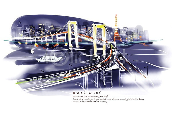 복잡 사람없음 PSD 일러스트 강 건물 다리(건축물) 도시 도쿄 레인보우브릿지 배(교통) 백그라운드 빌딩 세계 야경 일본 풍경(경치)