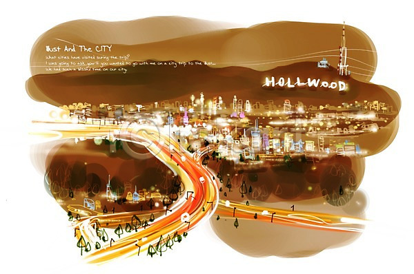 복잡 PSD 일러스트 가로수 길 나무 도로 도시 로스앤젤레스 미국 백그라운드 산 세계 야경 자동차 전광판 조명 풍경(경치) 할리우드