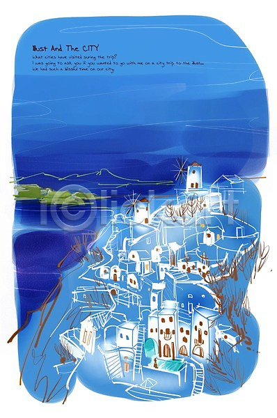 복잡 사람없음 PSD 일러스트 건물 그리스 도시 바다 백그라운드 산 산토리니 섬 세계 주택 풍경(경치)