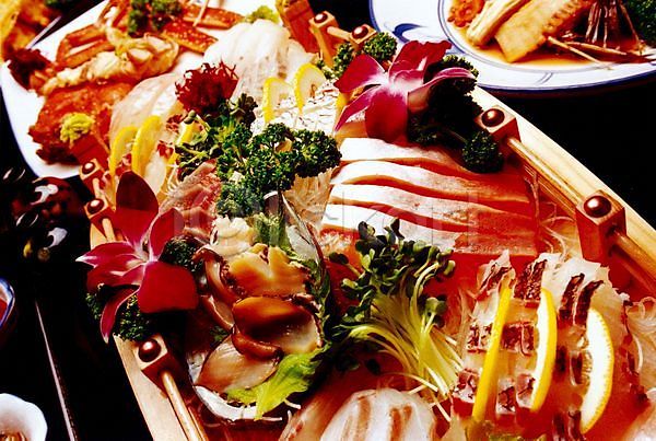 사람없음 JPG 게 꽃게 레몬 모듬회 브로콜리 생선회 실내 요리 음식 일본음식 채소 해산물 회