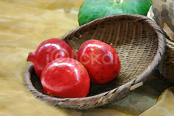 사람없음 JPG 포토 과일 농작물 바구니 빨간색 석류 세개 스튜디오촬영 실내 열매 음식 채반