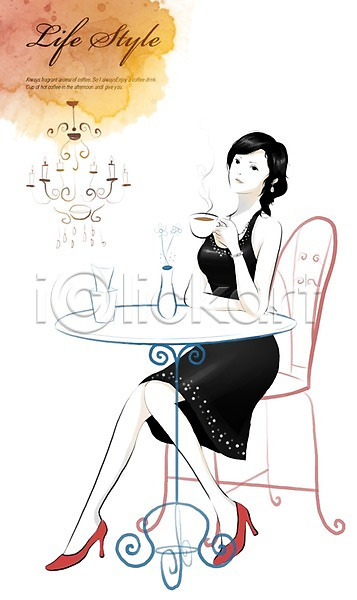 사람 여자 여자만 여자한명만 한명 PSD 일러스트 꽃병 라이프 라이프스타일 샹들리에 앉기 우먼라이프 의자 전신 카페 커피 탁자