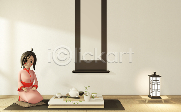 고급 휴식 성인 성인여자한명만 여자 한명 3D JPG 포토 해외이미지 3D캐릭터 거실 기모노 내부 안락의자 앉기 인테리어 전신 해외202105