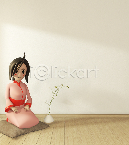 성인 성인여자한명만 여자 한명 3D JPG 포토 해외이미지 3D캐릭터 거실 기모노 내부 안락의자 앉기 인테리어 전신 해외202105