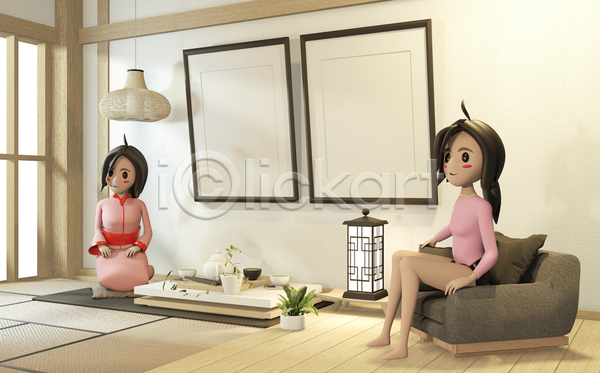 두명 성인 성인여자만 여자 3D JPG 포토 해외이미지 3D캐릭터 거실 내부 안락의자 앉기 인테리어 전신 해외202105