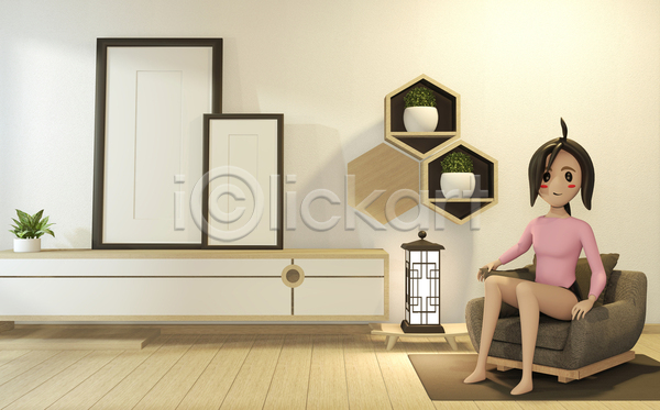 성인 성인여자한명만 여자 한명 3D JPG 포토 해외이미지 3D캐릭터 거실 내부 실내 안락의자 앉기 인테리어 전신 해외202105