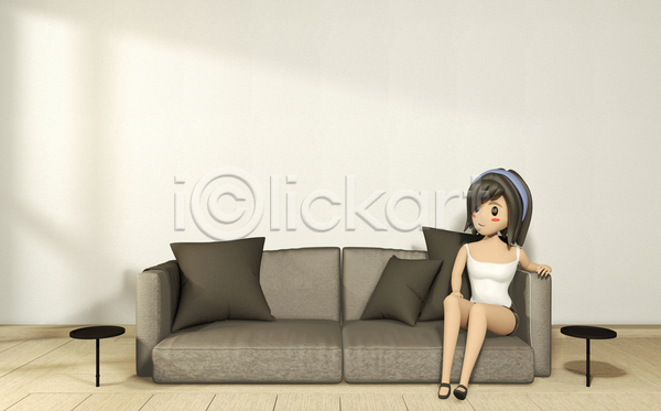 성인 성인여자한명만 여자 한명 3D JPG 포토 해외이미지 3D캐릭터 거실 내부 무료이미지 실내 안락의자 앉기 인테리어 전신 해외202105