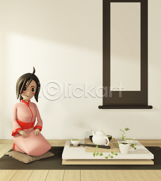성인 성인여자한명만 여자 한명 3D JPG 포토 해외이미지 3D캐릭터 거실 기모노 내부 안락의자 앉기 인테리어 전신 해외202105