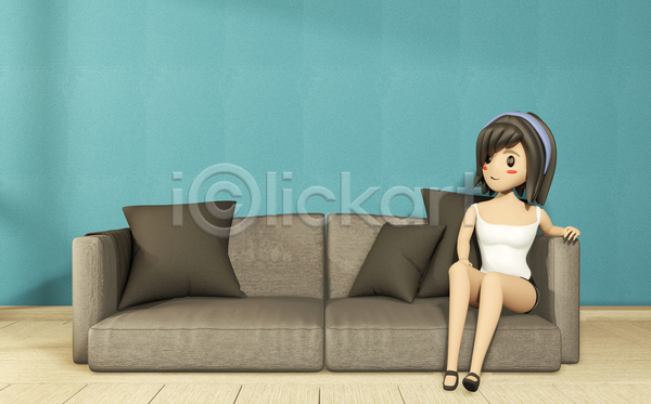 성인 성인여자한명만 여자 한명 3D JPG 포토 해외이미지 3D캐릭터 거실 내부 실내 안락의자 앉기 인테리어 전신 해외202105