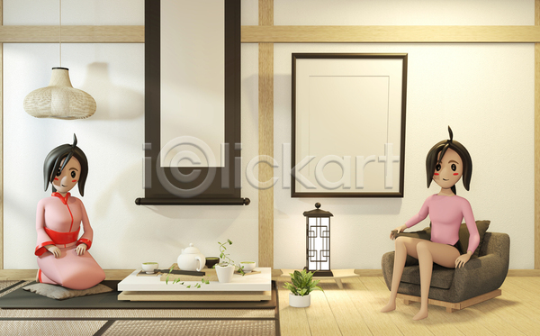 두명 성인 성인여자만 여자 3D JPG 포토 해외이미지 3D캐릭터 거실 기모노 내부 안락의자 앉기 인테리어 전신 해외202105