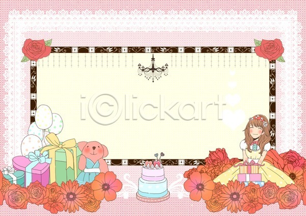 사람 여자 여자만 여자한명만 한명 PSD 카드템플릿 템플릿 곰인형 꽃 미소(표정) 상들리에 생일 선물 웃음 인형 장미 카드(감사) 케이크 풍선
