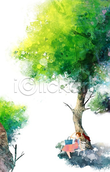 시원함 여유 사람 여자 여자만 여자한명만 한명 PSD 일러스트 가방 계절 그늘 나무 나무그늘 백그라운드 벤치 사계절 여름(계절) 자연 풍경(경치)