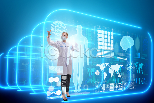 미래 사람없음 JPG 포토 해외이미지 DNA 가상 건강 검사(조사) 긴급 뇌 디지털 멀리 병원 스크린 시험 실험 약 의사 인공 인터넷 인터페이스 장비 지능 치료 컴퓨터 터치스크린 해외202105 홀로그램 환자