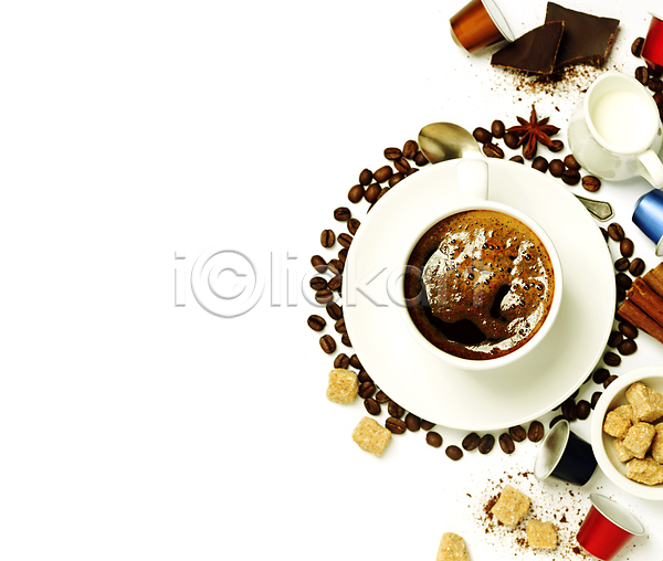사람없음 JPG 포토 하이앵글 해외이미지 각설탕(식품) 라떼 스튜디오촬영 실내 원두 초코맛 초콜릿 커피 프림 해외202004