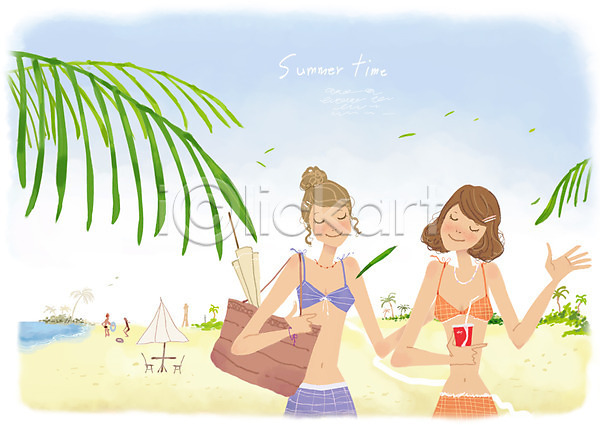 휴식 두명 사람 여자 여자만 PSD 일러스트 가방 나뭇잎 모래사장 미소(표정) 바캉스 수영복 야자수 여름(계절) 여름휴가 웃음 친구 해변
