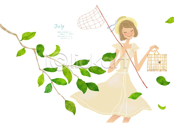 사람 여자 여자만 여자한명만 한명 PSD 일러스트 곤충채집 나뭇가지 나뭇잎 모자(잡화) 미소(표정) 여름(계절) 웃음 잎 채집망