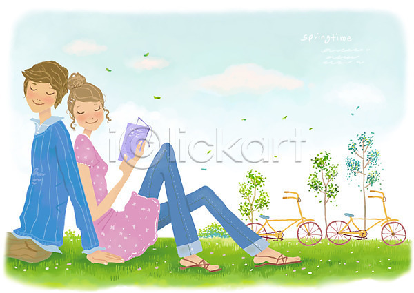 남자 두명 사람 여자 PSD 일러스트 구름(자연) 나무 데이트 미소(표정) 봄 웃음 자전거 잔디 책 초원(자연) 커플 하늘