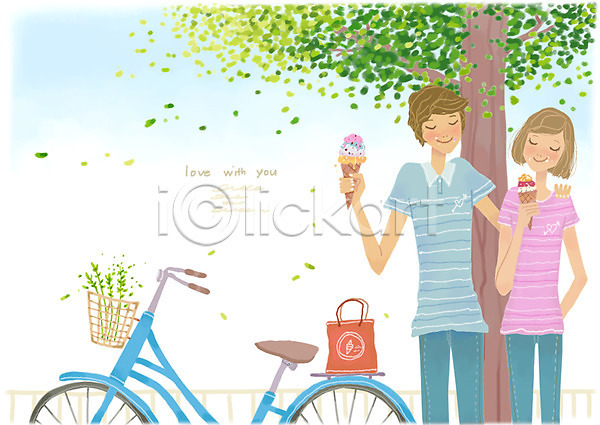 남자 두명 사람 여자 PSD 일러스트 가방 나무 데이트 미소(표정) 식물 아이스크림 여름(계절) 웃음 자전거 커플 풀(식물)
