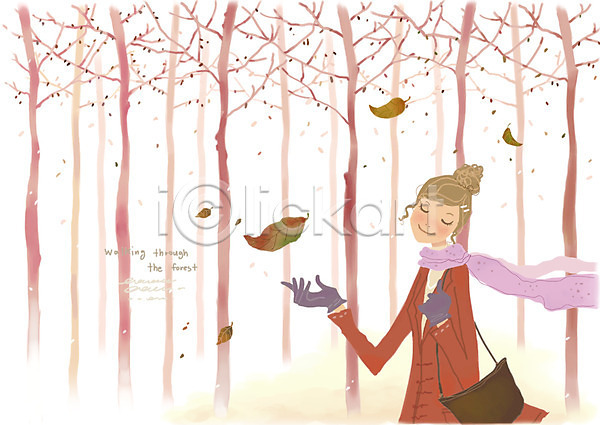 산책 휴식 사람 여자 여자만 여자한명만 한명 PSD 일러스트 가을(계절) 나무 나뭇잎 낙엽 단풍 미소(표정) 숲 웃음