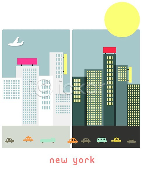 복잡 사람없음 PSD 일러스트 간판 고층빌딩 뉴욕 달 도시 도시백그라운드 백그라운드 비행기 빌딩 자동차 주간 차(자동차) 풍경(경치)