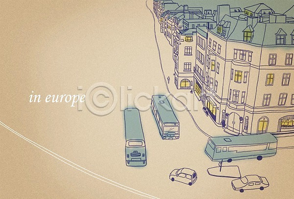 복잡 사람없음 PSD 일러스트 거리 건물 도시 도시백그라운드 백그라운드 버스 유럽 자동차 차(자동차) 풍경(경치)