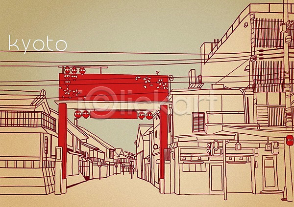 복잡 사람없음 PSD 일러스트 골목길 교토 도시 도시백그라운드 백그라운드 연등 일본 전선 표지판 풍경(경치)