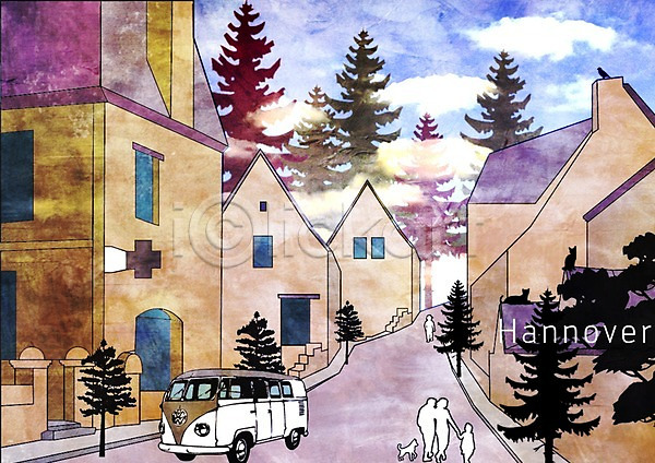 복잡 PSD 실루엣 일러스트 건물 고양이 구름(자연) 길 나무 도시 도시백그라운드 독일 마을 백그라운드 버스 주택 풍경(경치) 하노버