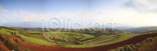 상쾌 사람없음 JPG 계단식 구름 밭 숲 야외 운남 중국 파노라마 풍경 하늘 홍토지