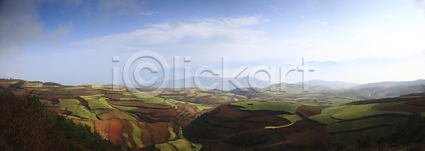 상쾌 사람없음 JPG 계단식 구름 밭 야외 운남 중국 파노라마 풍경 하늘 홍토지