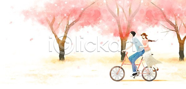다정 사랑 함께함 행복 10대 20대 남자 두명 사람 여자 PSD 일러스트 나무 데이트 벚나무 숲 자전거 커플