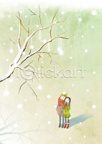 다정 사랑 함께함 행복 10대 20대 남자 두명 사람 여자 PSD 일러스트 겨울 나무 나뭇가지 눈(날씨) 데이트 목도리 장식 커플 크리스마스 크리스마스장식