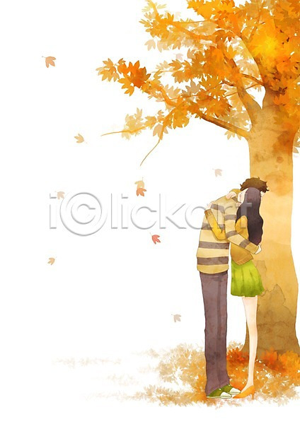 다정 사랑 함께함 행복 10대 20대 남자 두명 사람 여자 PSD 일러스트 가을(계절) 나무 낙엽 데이트 커플 포옹