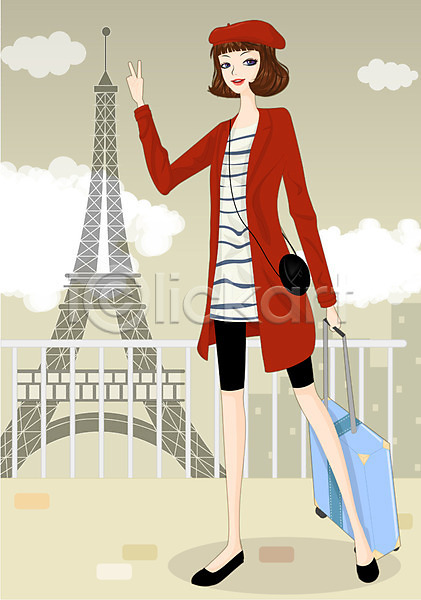 20대 사람 성인 성인만 성인여자만 성인여자한명만 성인한명만 여자 여자만 여자한명만 청년만 청년여자만 청년여자한명만 한명 EPS 일러스트 라이프 라이프스타일 미소(표정) 베레모 에펠탑 여행 여행가방 웃음 파리(프랑스) 프랑스 해외여행