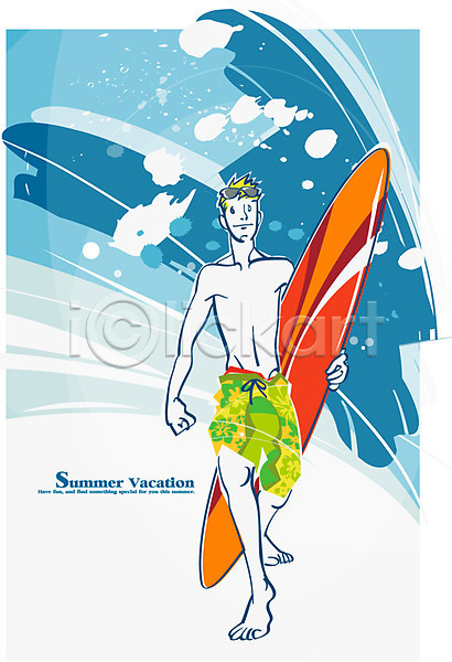 여유 즐거움 남자 남자만 남자한명만 사람 성인 청소년 한명 EPS 일러스트 계절 교육 대학생 바다 서핑보드 수영복 여름(계절) 여름방학 파도 해변