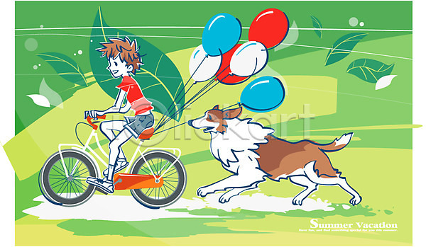산책 여유 즐거움 남자 어린이만 초등학생 한명 EPS 일러스트 개 계절 교육 달리기 여름(계절) 여름방학 자전거 풀잎 풍선 한마리
