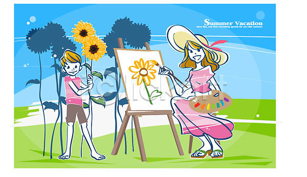 여유 즐거움 두명 사람 성인 소년 어린이 여자 초등학생 EPS 일러스트 계절 교육 그림 꽃 물감 미소(표정) 여름(계절) 여름방학 웃음 이젤 종이 팔레트 해바라기