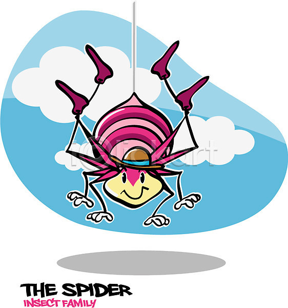 사람없음 EPS 일러스트 거미 거미줄 곤충 곤충캐릭터 구름(자연) 단어 동물 동물캐릭터 모자(잡화) 벌레 성충 알파벳 캐릭터 하늘 한마리