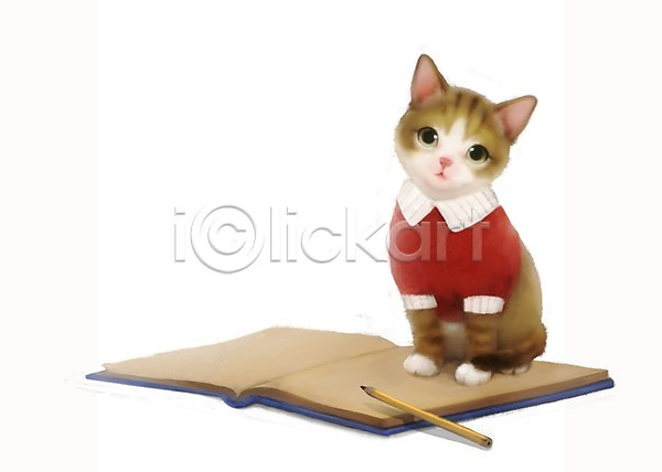 귀여움 사람없음 PSD 일러스트 고양이 동물 반려동물 백그라운드 연필 책 티셔츠 포유류 한마리