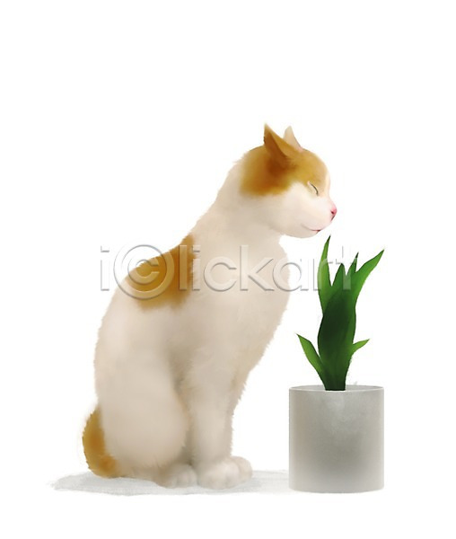 귀여움 사람없음 PSD 일러스트 고양이 냄새 동물 반려동물 백그라운드 식물 포유류 한마리 화분