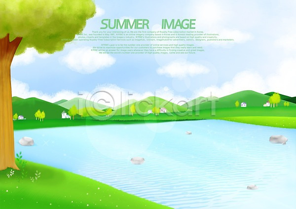 사람없음 PSD 일러스트 구름(자연) 나무 마을 백그라운드 여름(계절) 풍경(경치) 하늘 호수