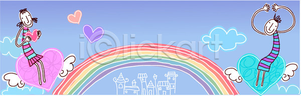 사랑 상상 남자 두명 사람 여자 EPS 배너템플릿 템플릿 가로배너 구름 날개 데이트 무지개 배너 야외 이미지템플릿 주간 커플 판타지 하트