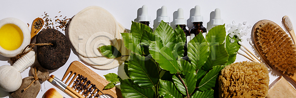 사람없음 JPG 포토 하이앵글 해외이미지 나뭇잎 대나무칫솔 머리빗 붓 실내 자연보호 제로웨이스트 친환경 해외202004 흰배경