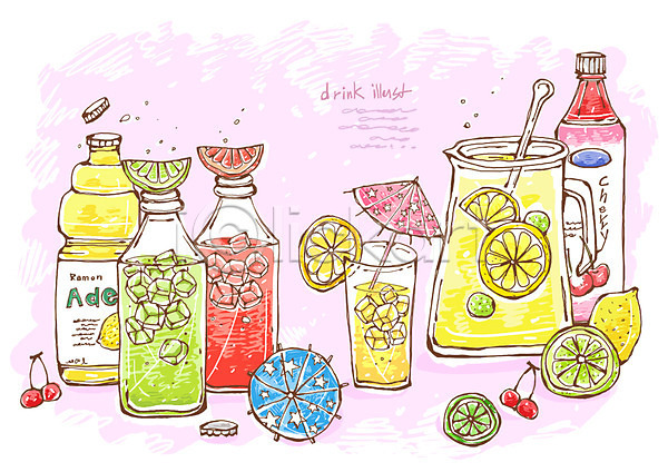 사람없음 PSD 라인일러스트 일러스트 과일 라임 레모네이드 레몬 선 슬라이스 에이드 음료 음식 장식 조각 조각(조소) 체리 체리에이드 탄산음료