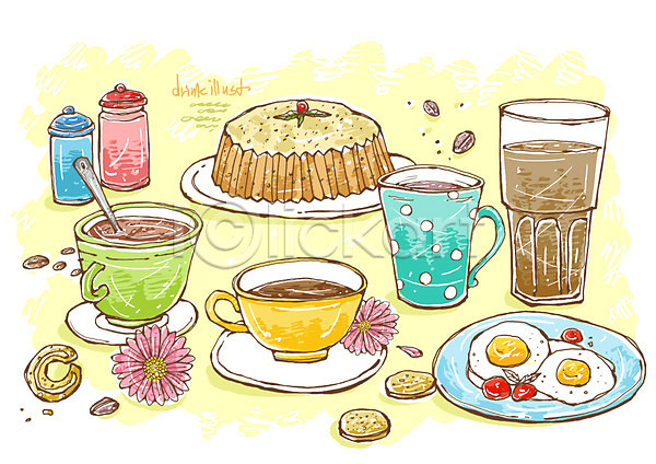 사람없음 PSD 라인일러스트 일러스트 계란프라이 꽃 꽃잎 디저트 선 원두 음료 음식 장식 차(음료) 커피 케이크